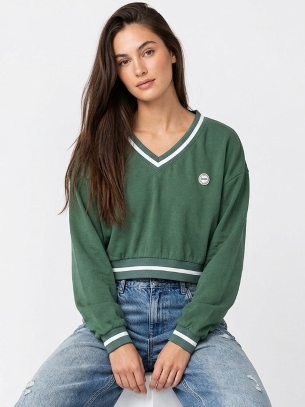 SET Active Varsity Striped Cropped V-neck Logo Sweatshirt In Court Green - S
